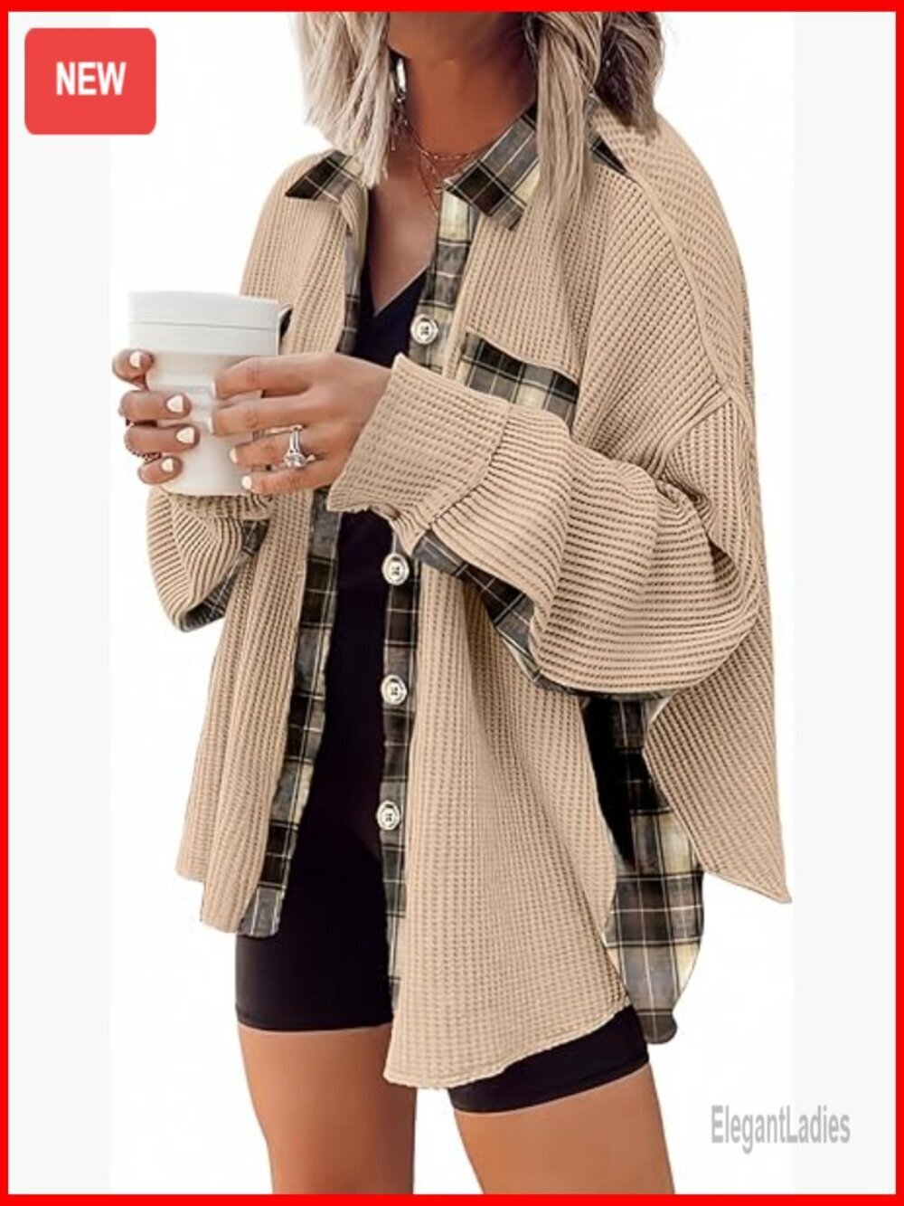 Waffle Knit Plaid Shacket Loose Fit Button Down Shirt Jacket Long Sleeve
